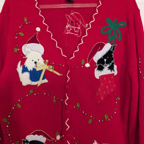 Studio Joy Dog Christmas Cardigan Womens Size Large Red Beaded Sweater - Picture 2 of 14